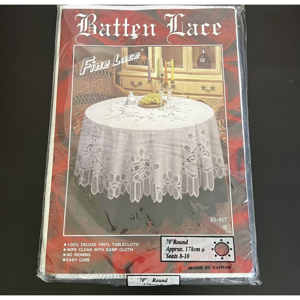 Vintage Tablecloth Batten Fine Lace Deluxe Vinyl Tablecloth 70” Round New 8-10